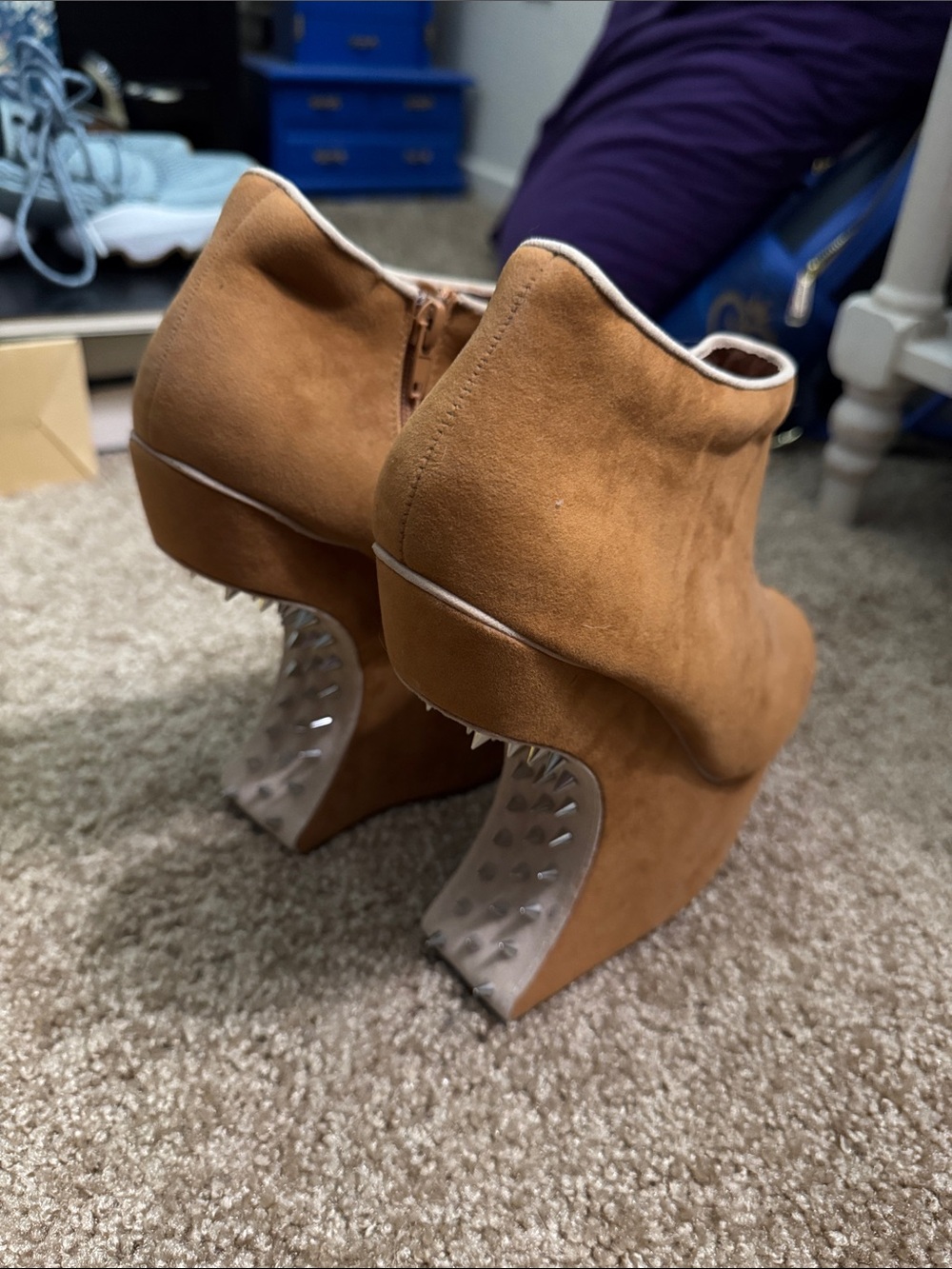 Bumper Tan Suede Wedge Ankle Boots with Sculptural Studded Spiked Cutout Heel